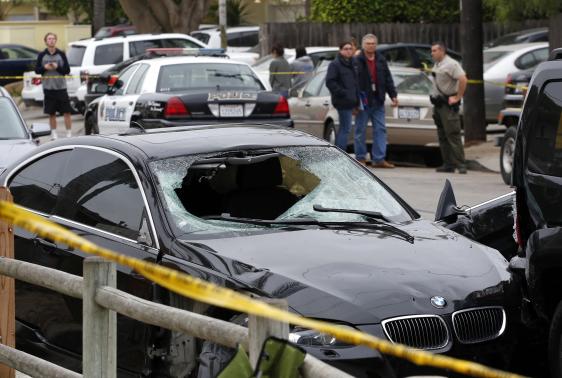 The vehicle of the alleged shooter is pictured at one of nine crime scenes after series of drive -by shootings that left 7 people dead in the Isla Vista section of Santa Barbara